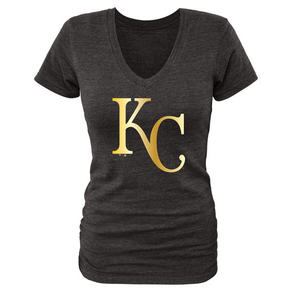 2020 MLB Kansas City Royals Women Gold Collection TriBlend VNeck TShirt Black